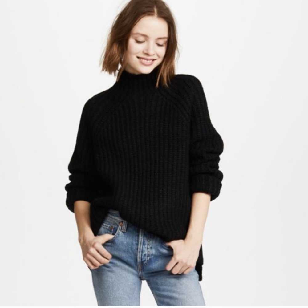 Theory Black Ribbed Cashmere Mock Neck Sweater